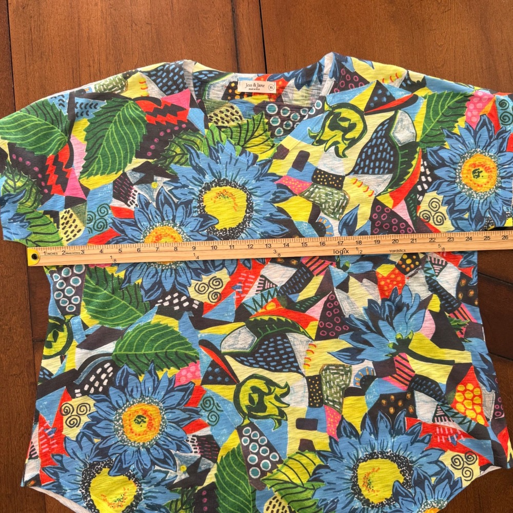 Jess & Jane Womens XL Abstract Floral Sunflower Slub Knit V-Neck Top Made in USA - Picture 6 of 7